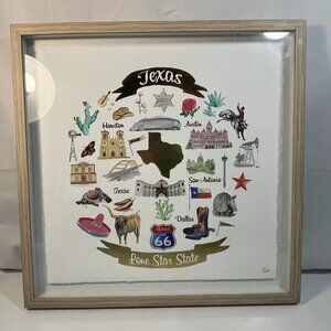 Texas Lone Star State Colored Art Sketch Picture Framed Glass 16" x 16" Dyson